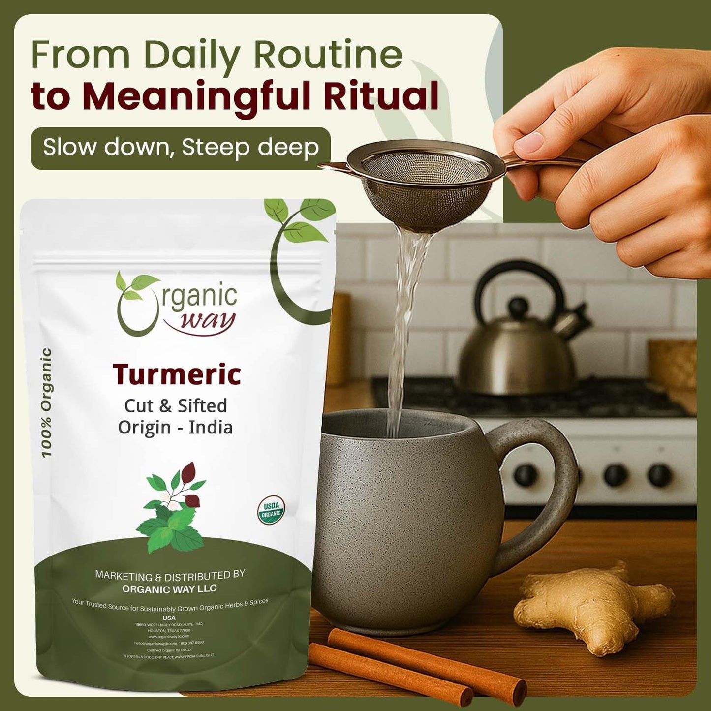 Organic Way Turmeric Root Cut & Sifted Herbal Tea - Vegan, Non-GMO, Gluten Free, 1 Pound