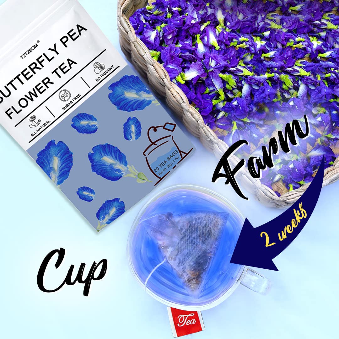 Tztzbom Butterfly Pea Tea - 20 Pyramid Tea Bags - Premium Dried Butterfly Pea Flower For Food, Iced Tea, Cooler, Cocktails, Mock