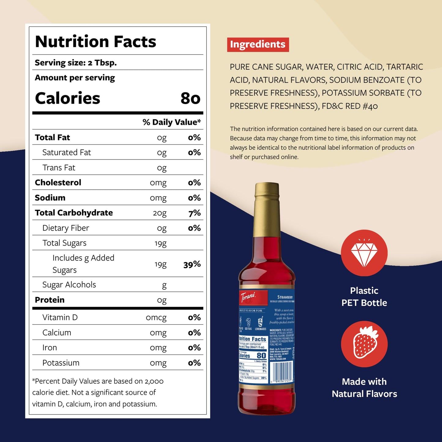 Torani Strawberry Syrup for Drinks, Flavoring for Iced Tea & Sodas, 25.4 Fl Oz, Pump Included