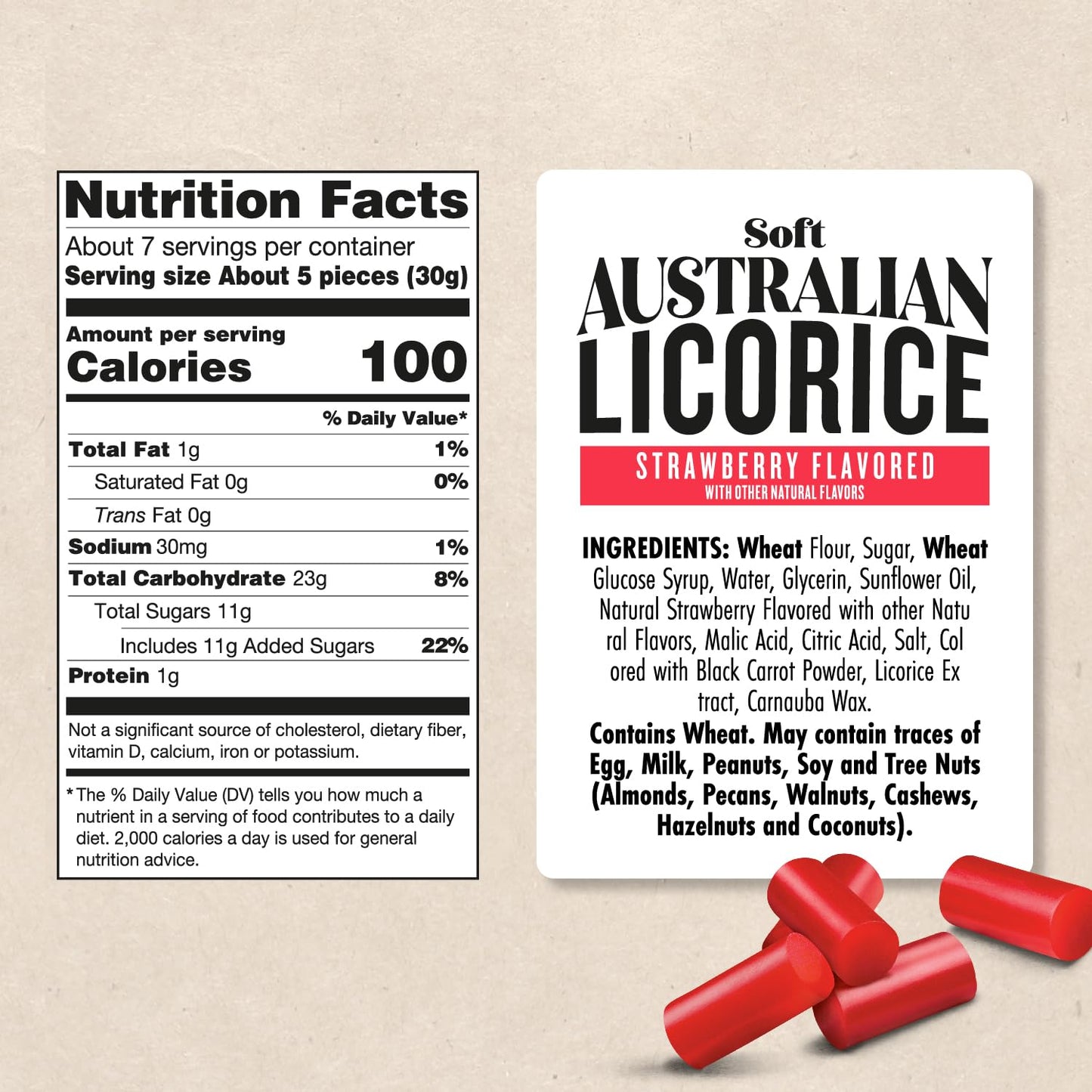 Darrell Lea Soft Licorice Candy, Strawberry Flavor, Non-GMO, 7 Ounce Bag, Red