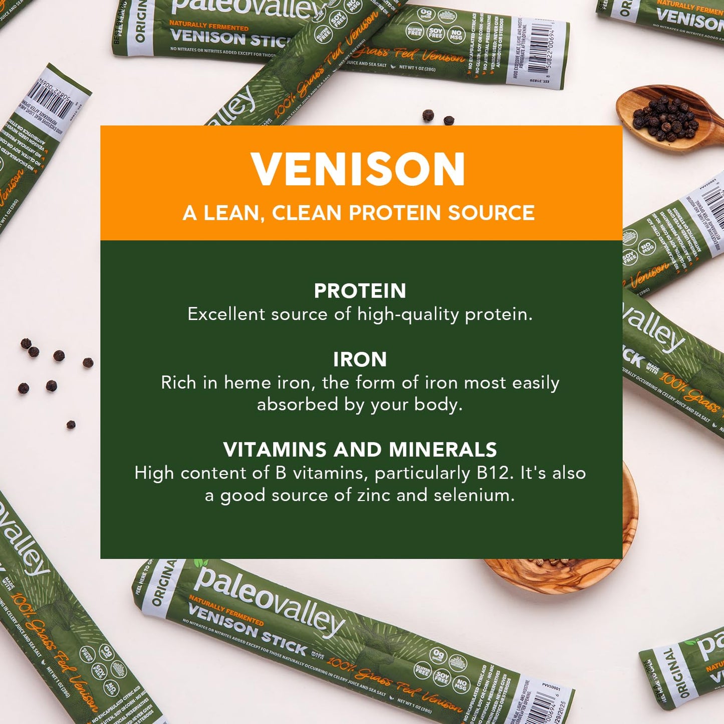 Paleovalley Venison Sticks – 10 Pack – Keto-Friendly, High Protein, Low-Calorie, Gluten-Free Meat Snack