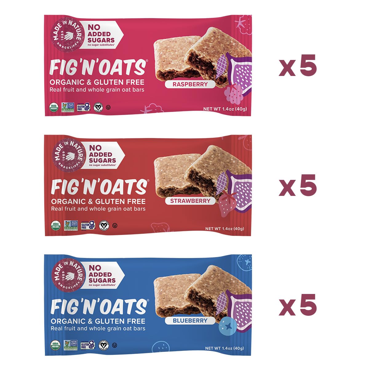Made in Nature Organic Fig N Oat Bars, 1.4 Ounce 5 Count (3 Pack) - Blueberry, Raspberry, and Strawberry, Organic, Non-GMO, No A