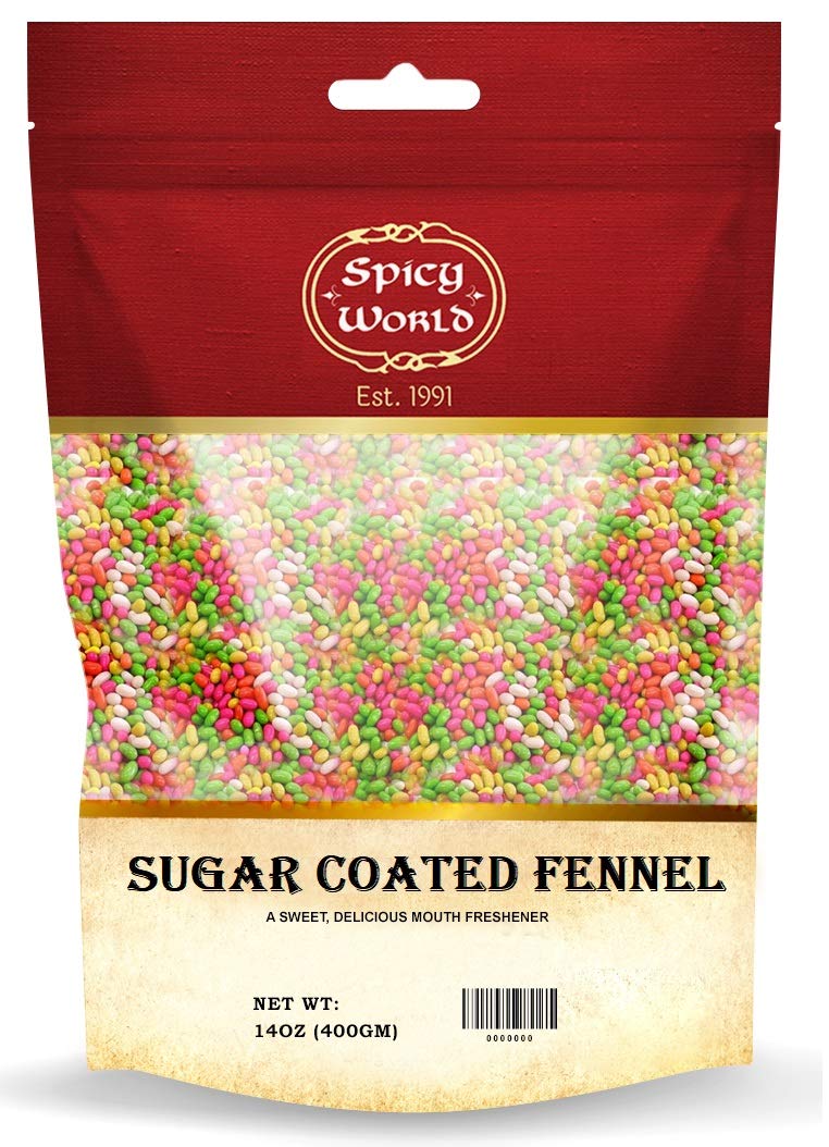 Spicy World Sugar Coated Fennel Seeds | Sweet Saunf Candy For Mouth Freshening - 14 Oz (400G) Pack | Premium Quality Fennel Mouth Freshener | Indian After Meal Digestive Treat