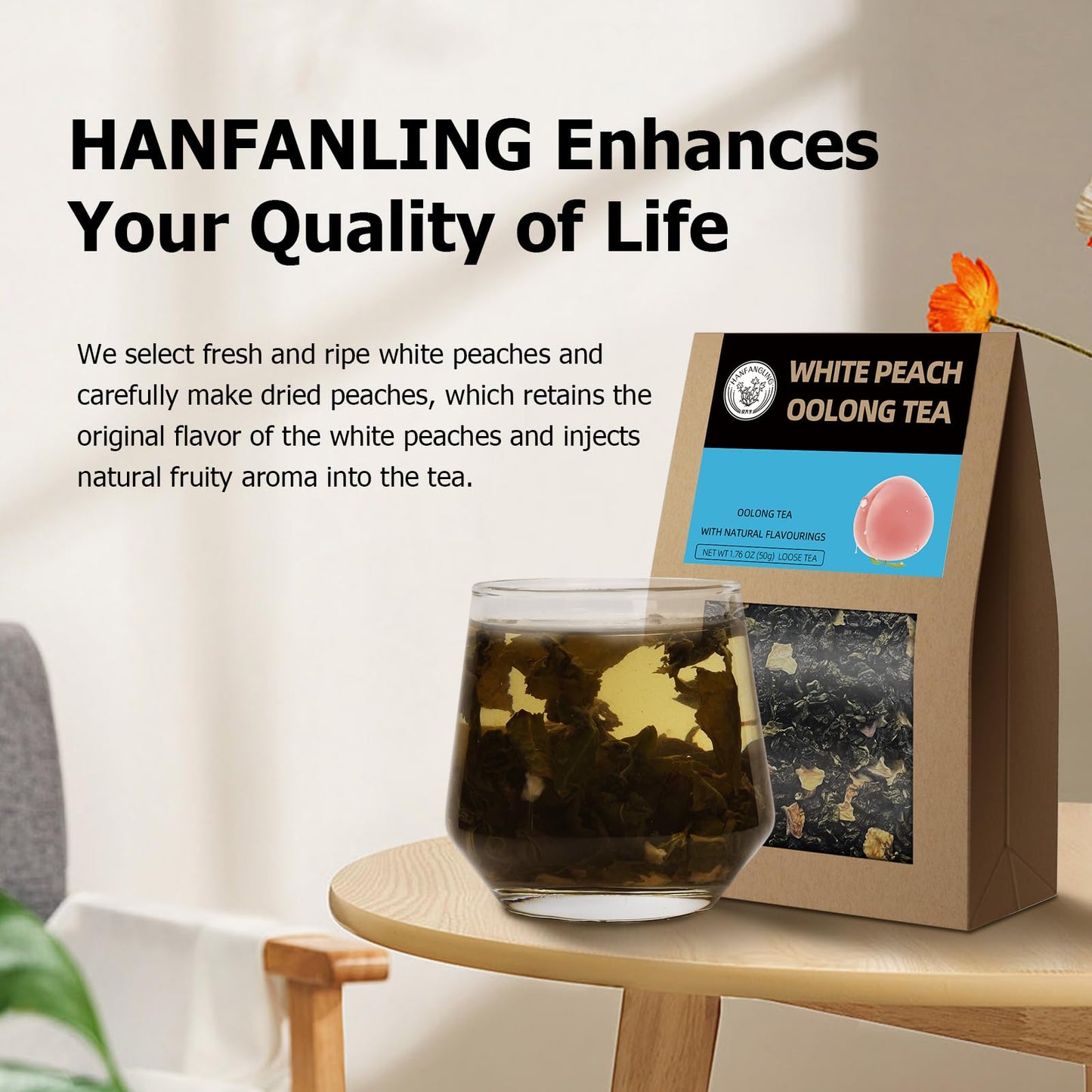 HANFANGLING White Peach Oolong Tea, Loose Leaf, Refreshing Caffeine Alternative, Sweet Peach Flavor