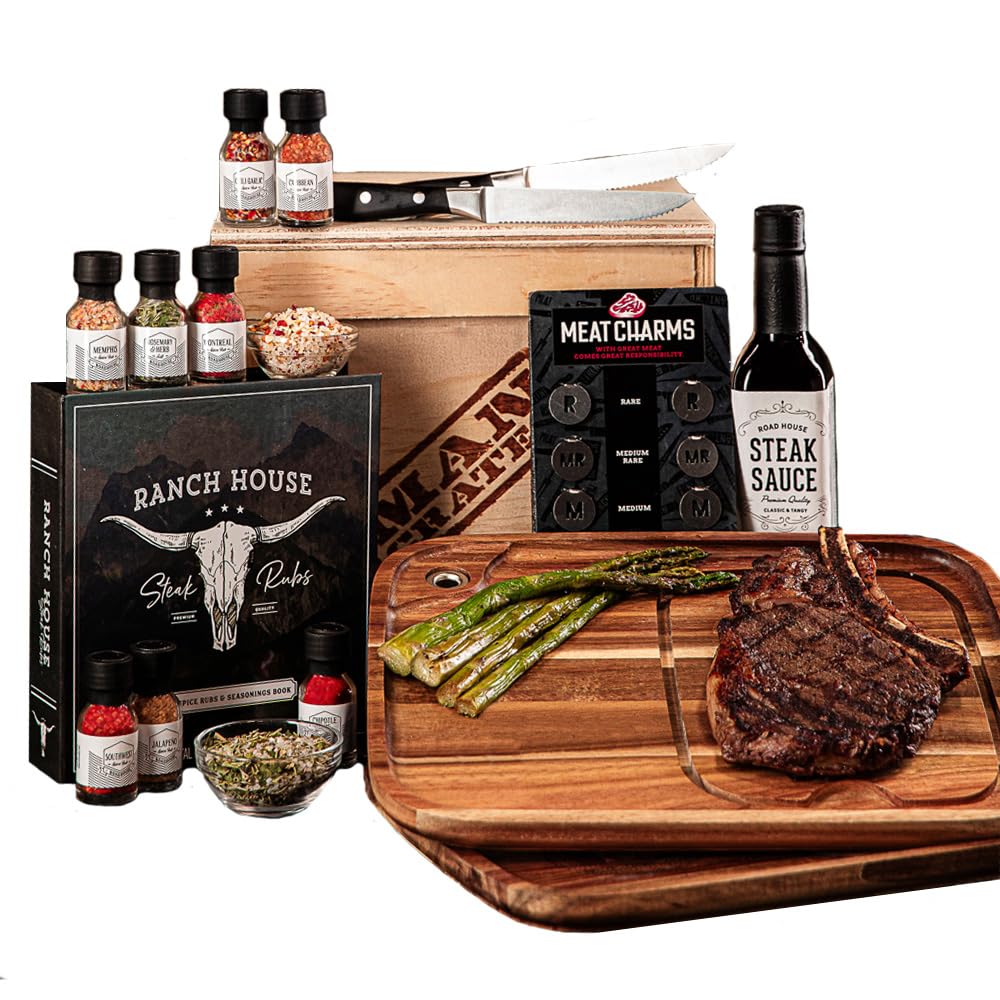 Man Crates Steak Night Crate – Solid Wood Steak Plates, Stainless Steel Cutting Tool, Steak Charms, Seasonings & Sauces – Ultimate Steak Gift Set