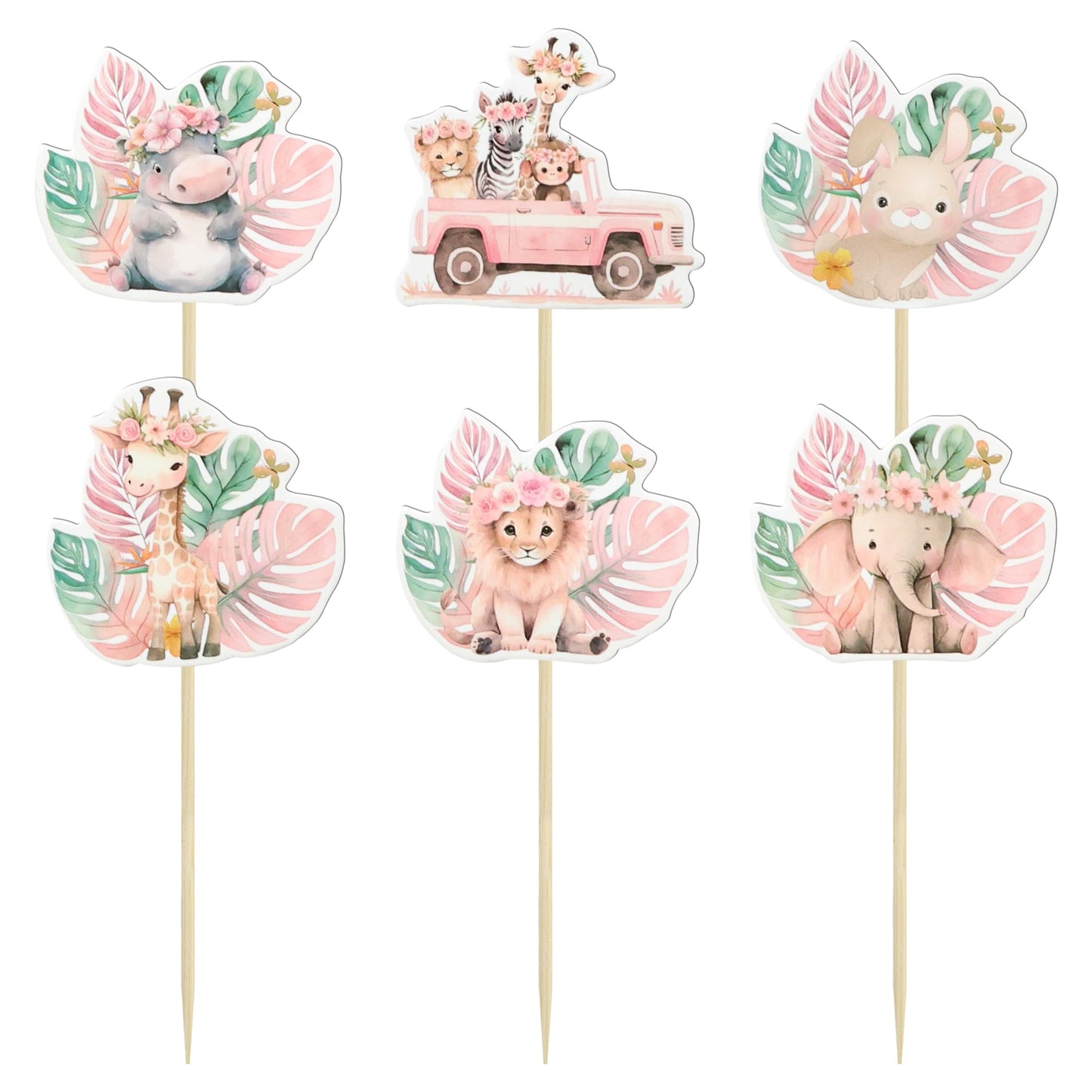 Gyufise 36Pcs Pink Safari Baby Shower Cupcake Topper Floral Jungle Animals Baby Cake Decorations Safari Theme Cupcakes Toppers F