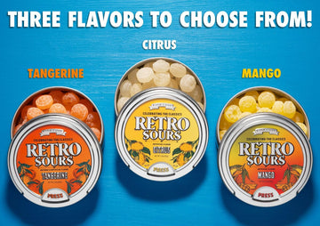 Retro Sours - Hard Tangy Old Fashion Candy in Citrus  Mango & Tangerine Flavors - Nostalgic Candy Pack of 3 Tins (All Flavors)