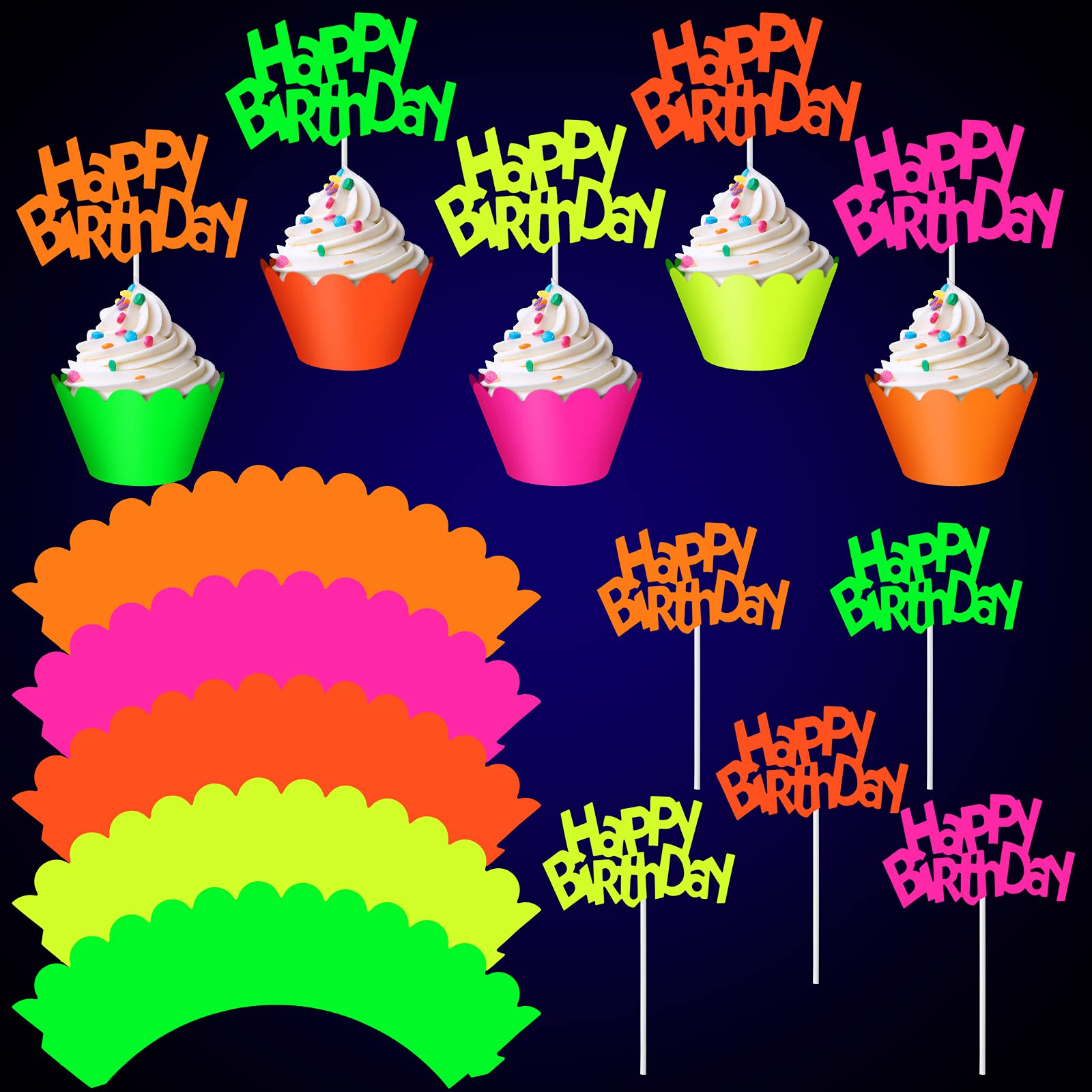 40 Pcs Glow In The Dark Neon Cupcake Toppers Glow Party Supplies Neon Glow Cupcake Wrappers For Glow Neon Birthday Party Wedding