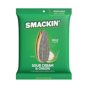 SMACKIN' - Jumbo Roasted Sunflower Seeds, No Salty Burn, American Made, Easy Pour & Seal - Sour Cream & Onion, 4oz bag (12 Bags)