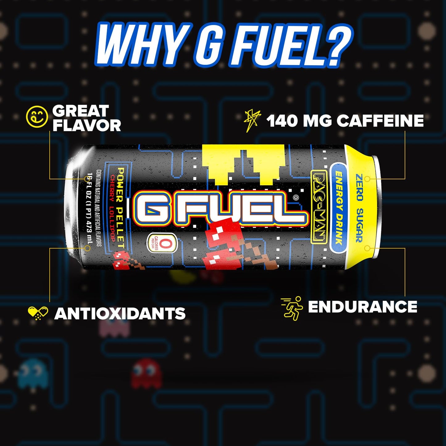 G Fuel Energy Drink Cherry Lollipop, Sugar Free, 140mg Caffeine, 16 Fl Oz Cans, 12-Pack