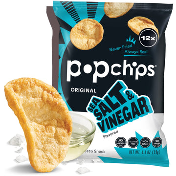 Popchips Potato Chips, Sea Salt & Vinegar, 12Ct Single Serve 0.8Oz Bags, Low-Calorie, Gluten Free, Salty Snacks For Adults And Children, Non-Gmo, Vegan & Kosher Friendly, 100 Calories Per Bag
