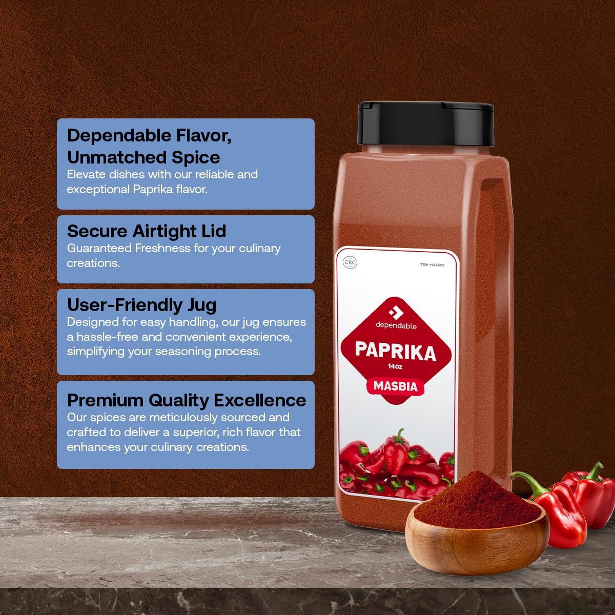 Dependable Foods Paprika Spice - 14 Oz. Jar - 100% Natural, Non-Gmo, No Additives, Salt-Free Seasoning | Easy Dispensing Lid, Ko