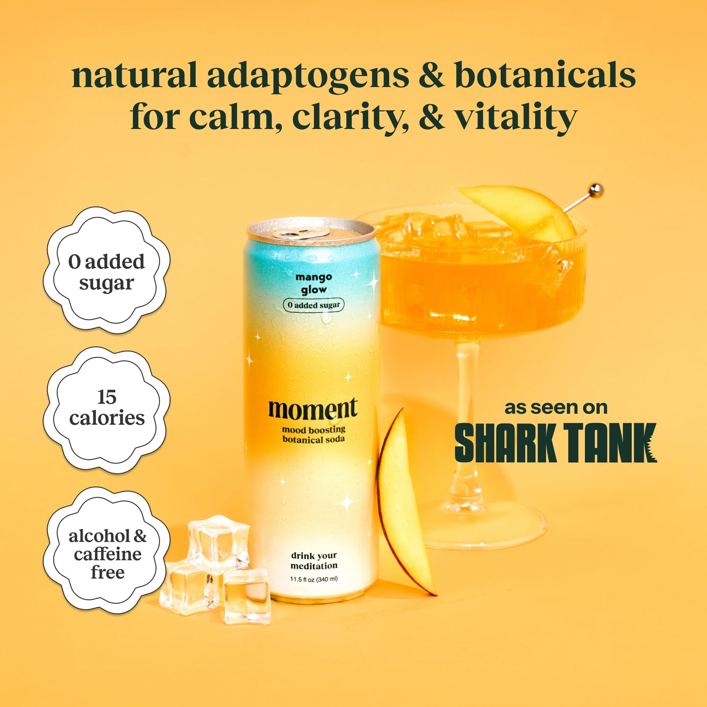 Drink Your Meditation Moment Botanical Soda Soft Drink - Mango Glow, 0 Sugar, 0 Caffeine, 11.5 Fl Oz (Pack of 12)
