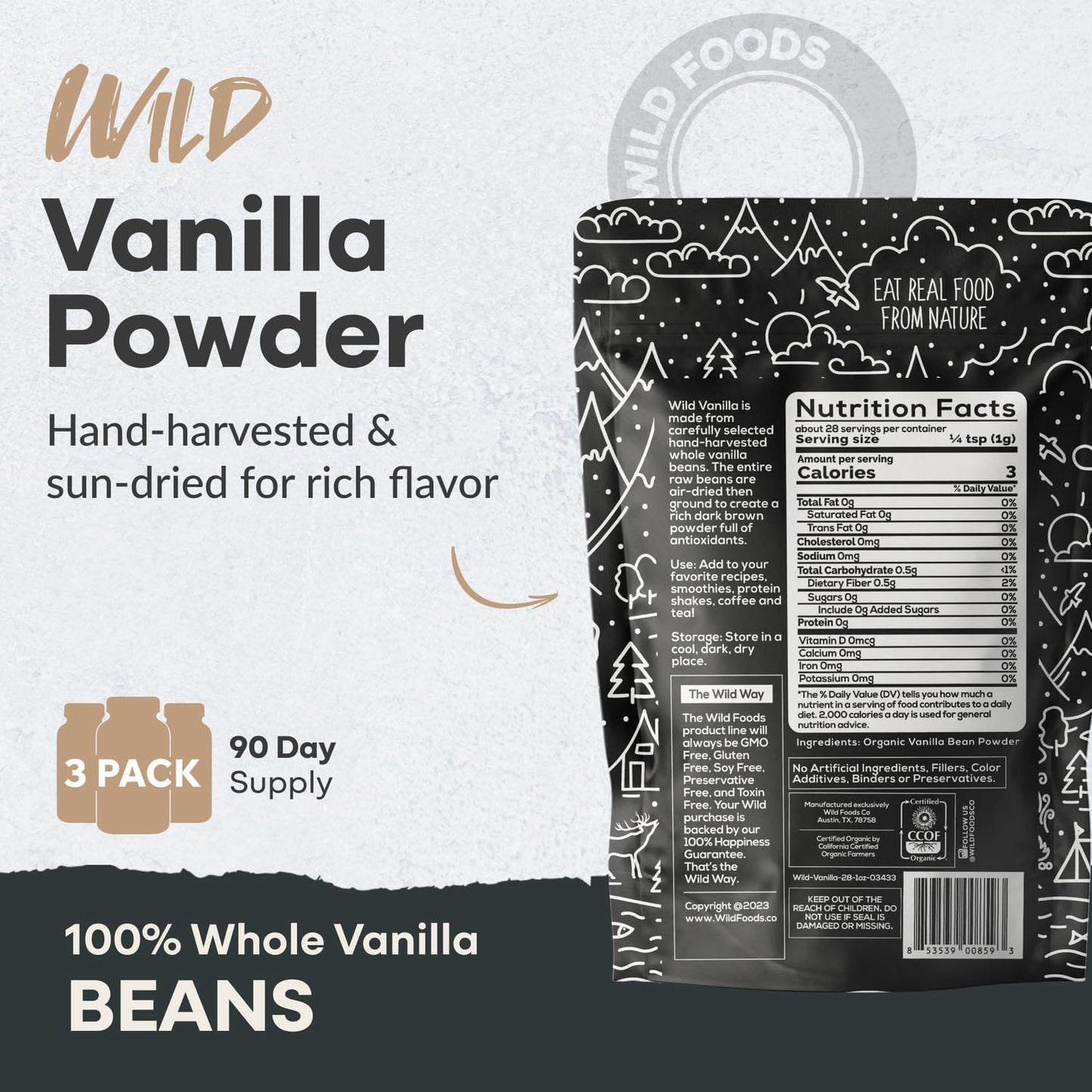 Wild Foods Organic Vanilla Bean Powder - Pure Madagascar Vanilla for Baking, Cooking & Smoothies - 1 Ounce - Gluten Free, Non GMO