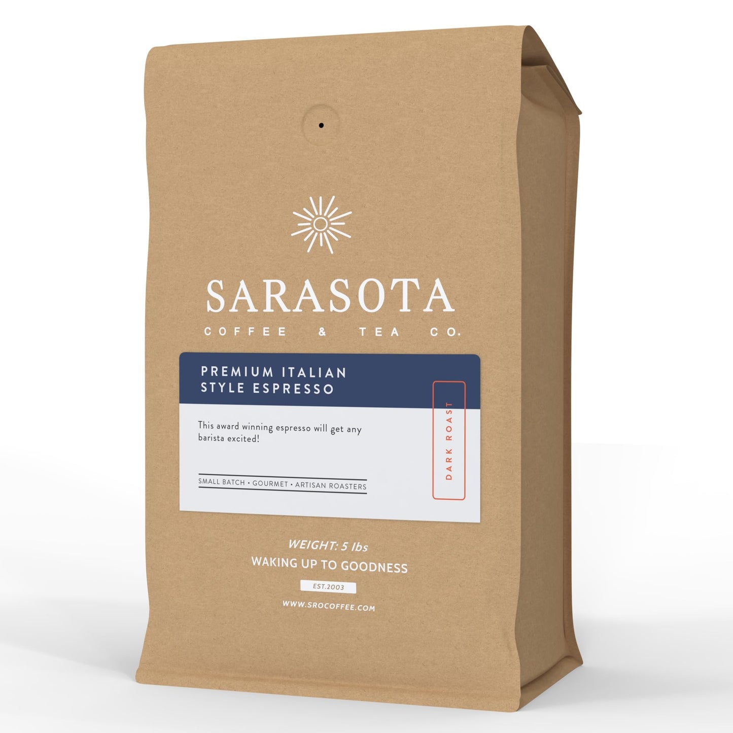 Sarasota Coffee Whole Bean Espresso | Dark Roast Gourmet Coffee Beans | Low Acid, Mold Free, Specialty Grade Bulk Beans | 5lb (8