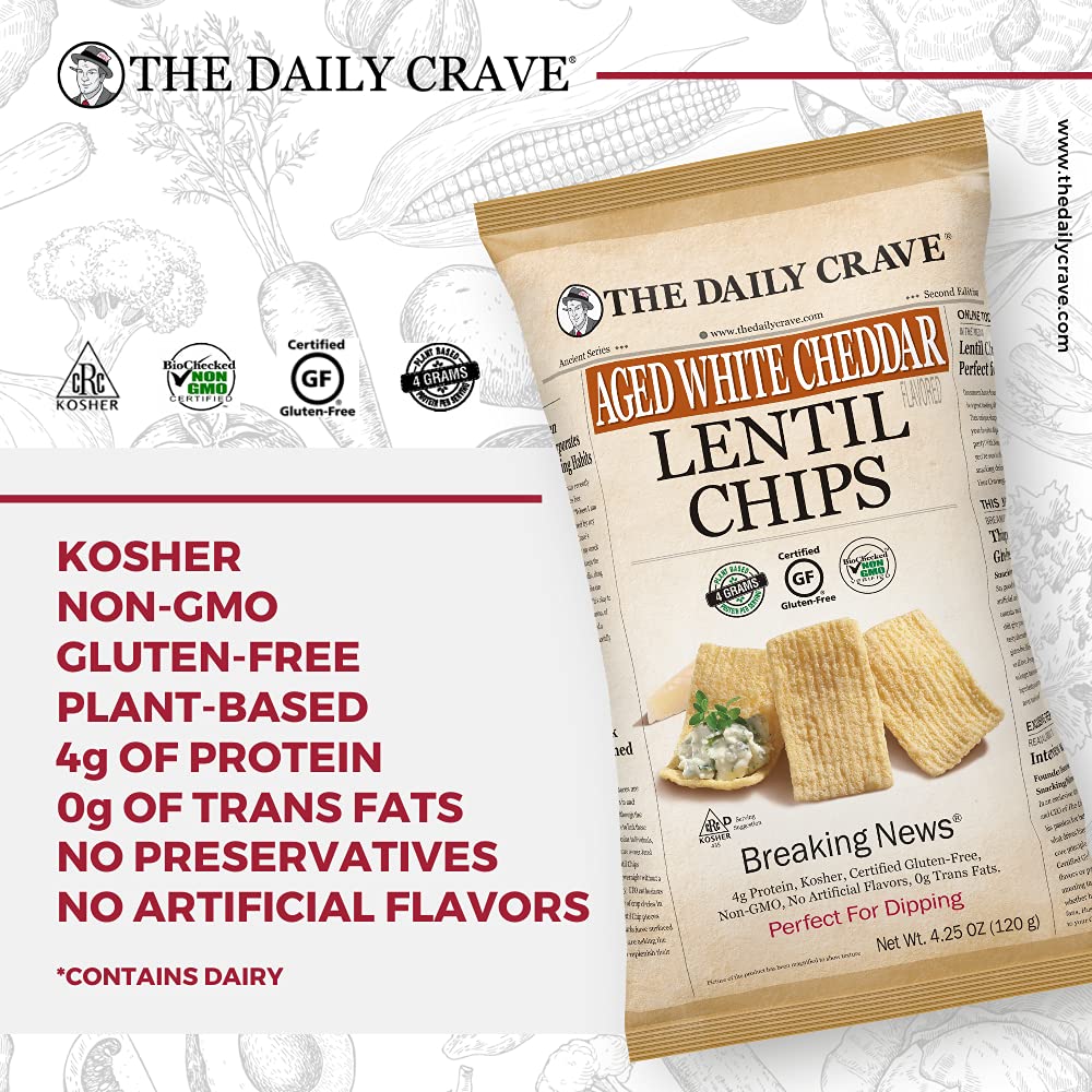 The Daily Crave Aged White Cheddar Lentil Chips, 4.25 Oz- 4 G Protein, Gluten-Free, Non-Gmo, Kosher, Crunchy 8 Count(Pack Of 1)