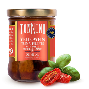 Tonnino Yellowfin Tuna In Olive Oil With Tomato & Basil 6.3 Oz - Gourmet 6-Pack: Omega-3, High Protein, Gluten-Free, Ready-To-Ea