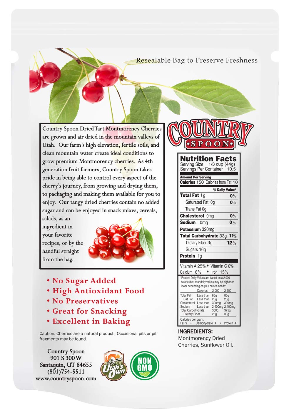 Country Spoon Dried Tart Montmorency Cherries, No Sugar Added, 1 Pound