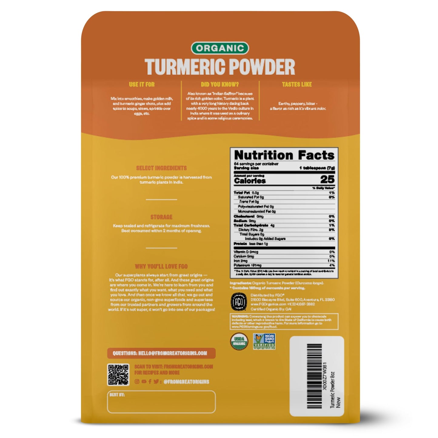 Fgo Organic Turmeric Powder W/Curcumin, 100% Raw From India, 8Oz (Pack Of 1)
