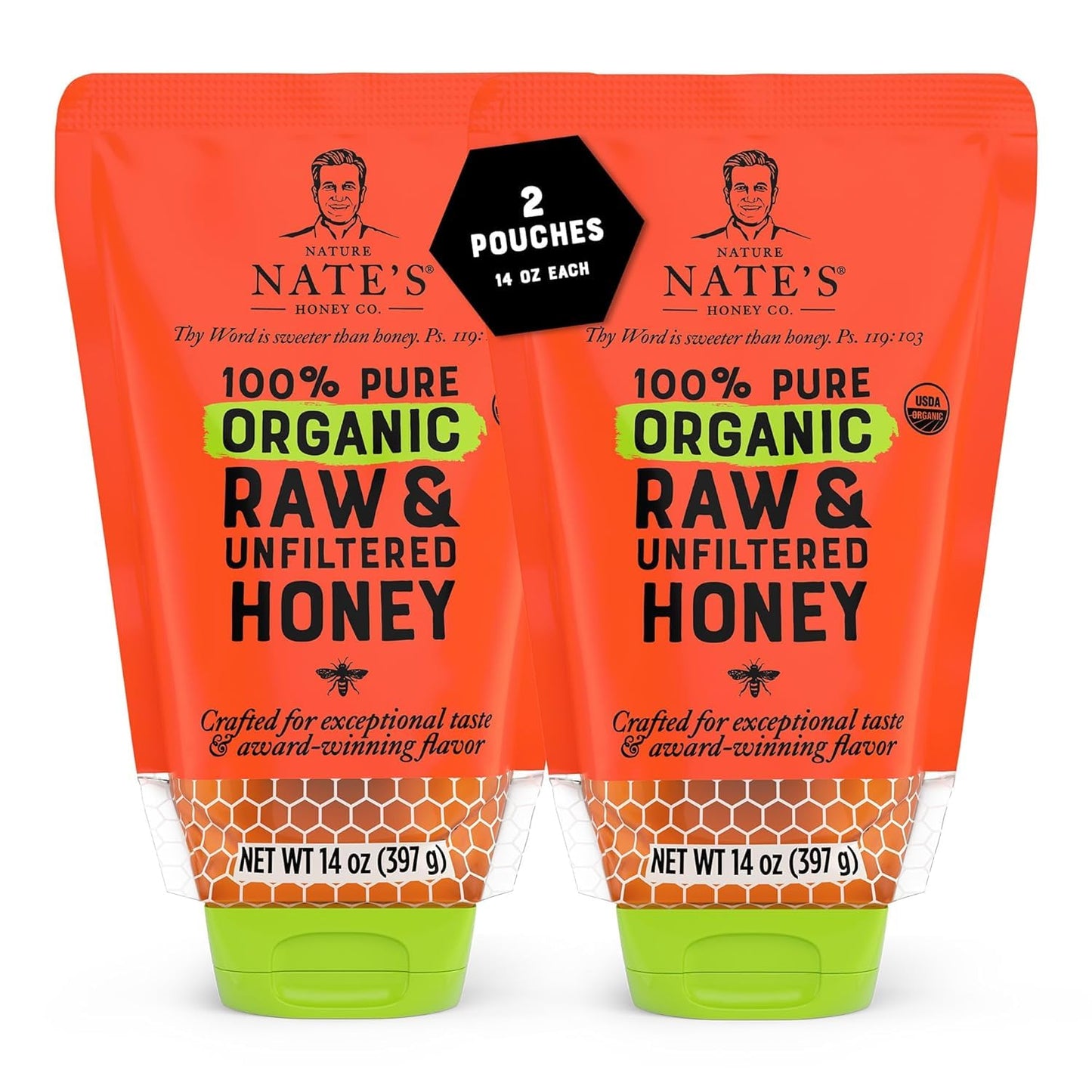Nature Nate s 100% Pure USDA Organic Raw & Unfiltered Honey, Two 14 oz. No-Drip Sustainable Squeeze Pouches; Purity Guarantee, 