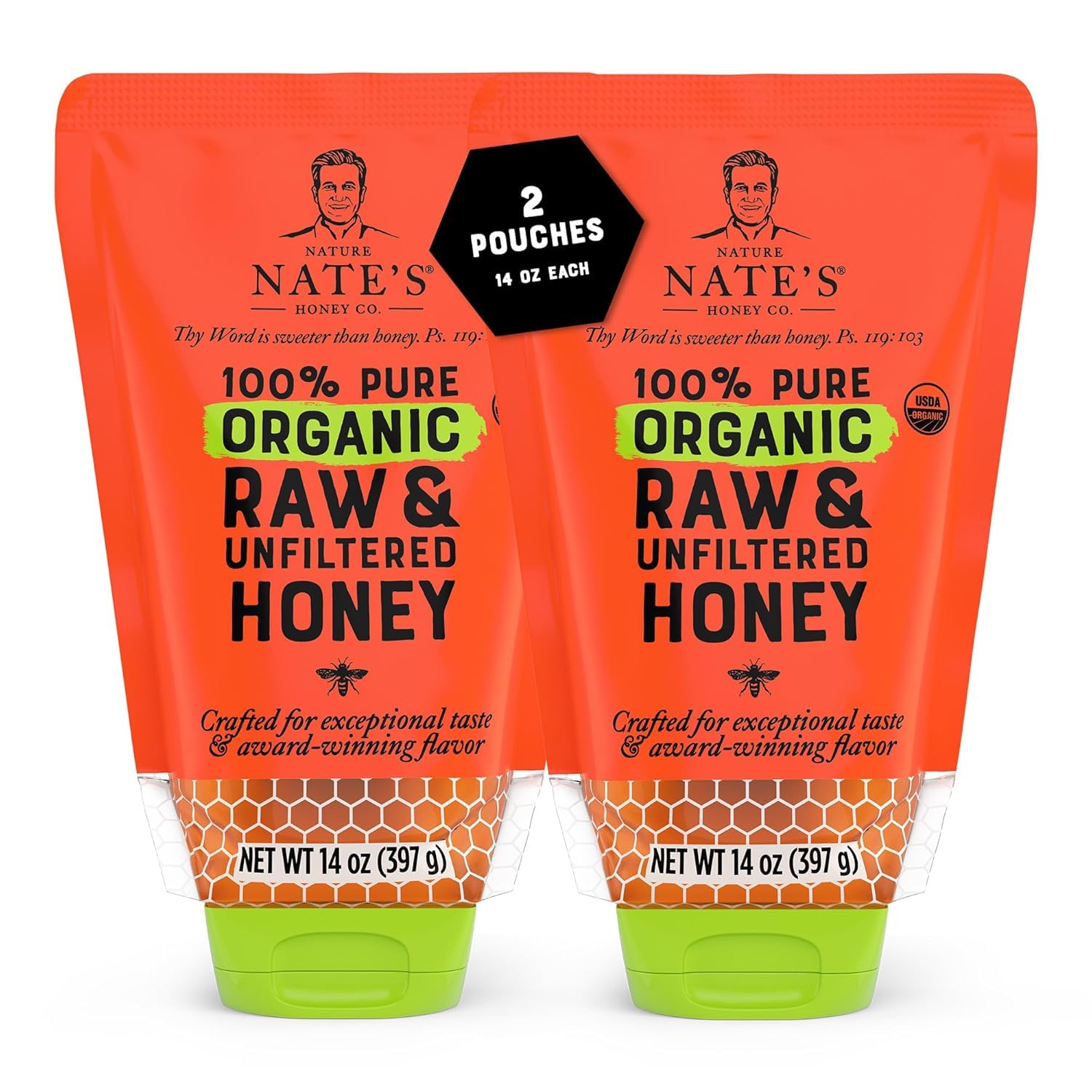 Nature Nate s 100% Pure USDA Organic Raw & Unfiltered Honey, Two 14 oz. No-Drip Sustainable Squeeze Pouches; Purity Guarantee, 