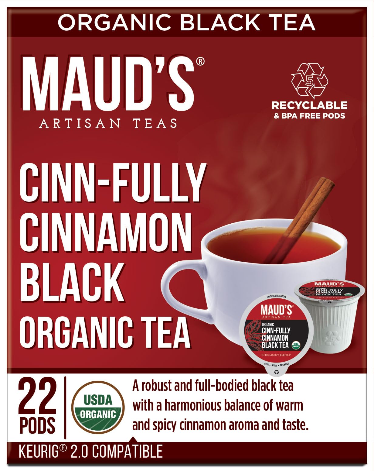 Mauds Cinnamon Organic Black Tea Pods  22ct | Cinn-Fully Cinnamon Tea | Hot Cinnamon Spice Tea | Solar Energy Produced Recyclable Single Serve Tea Pods Compatible with Keurig K-Cup malt-inspired
