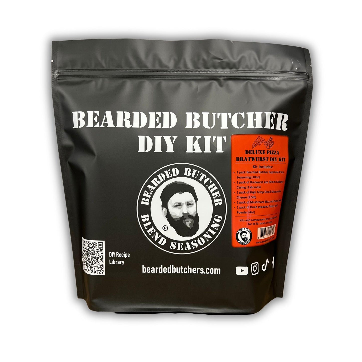 BEARDED BUTCHER DELUXE Pizza Bratwurst DIY Kit - Includes Seasoning, Cheese, Mushrooms, Jalapeños, 32mm Casings for 25 lbs of Meat