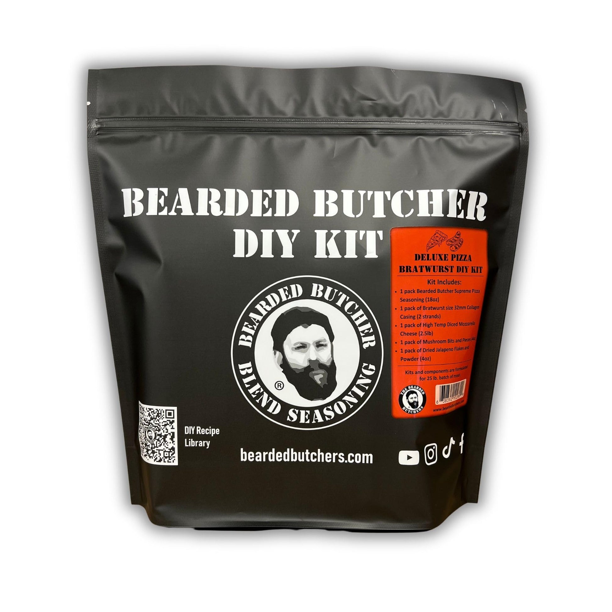 BEARDED BUTCHER DELUXE Pizza Bratwurst DIY Kit - Includes Seasoning, Cheese, Mushrooms, Jalapeños, 32mm Casings for 25 lbs of Meat