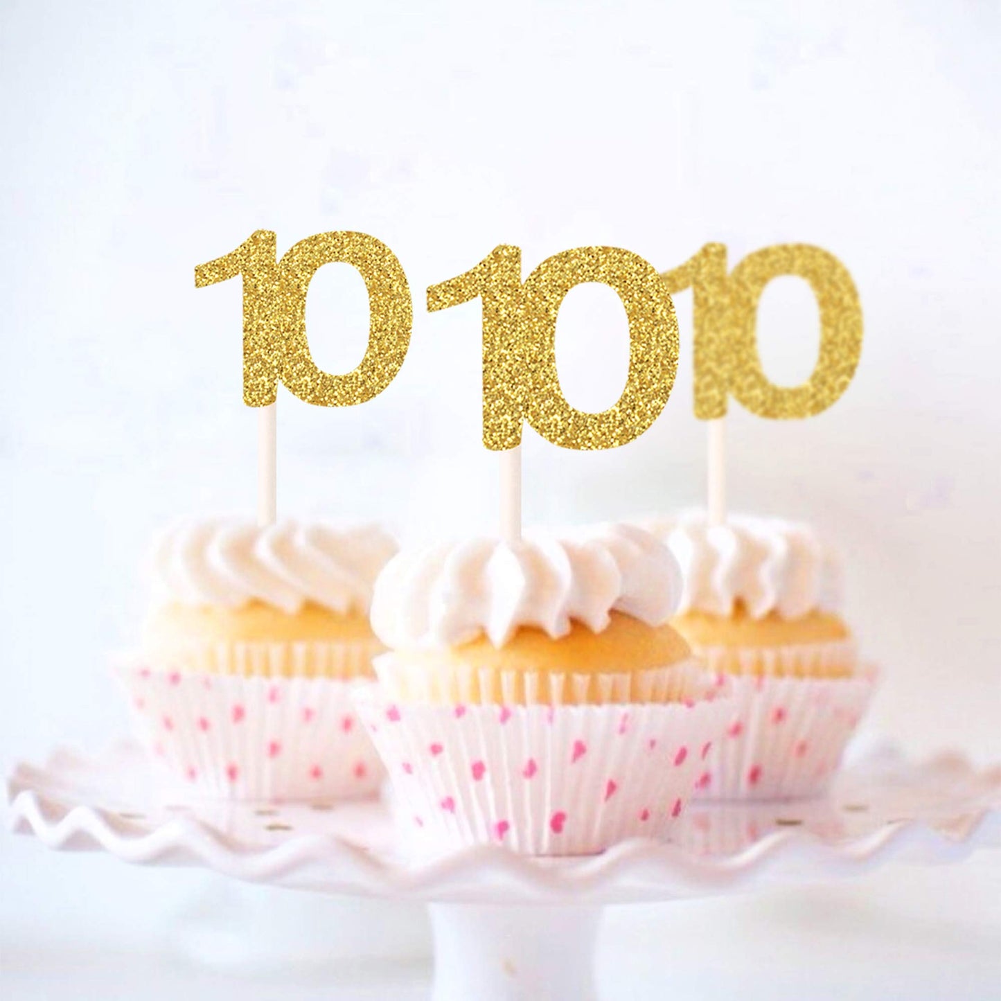 Unimall 24 Pieces Number 10 Cupcake Toppers, Gold Glitter 10Th Birthday Cupcake Picks Mini Cake Decorations For 10 Years Old Bir