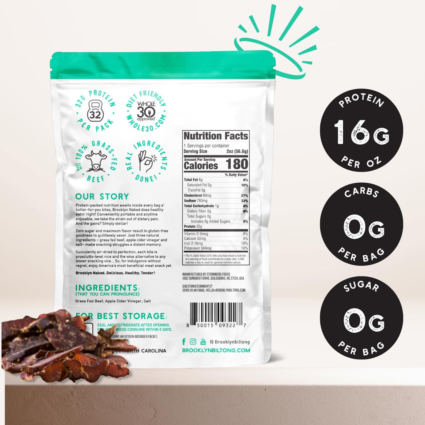 Brooklyn Naked Tender Slices Air Dried Grass Fed Beef Snack, Stripped Down Clean Beef Jerky (2Oz, Pack Of 8) - Aip, Approved, Wh