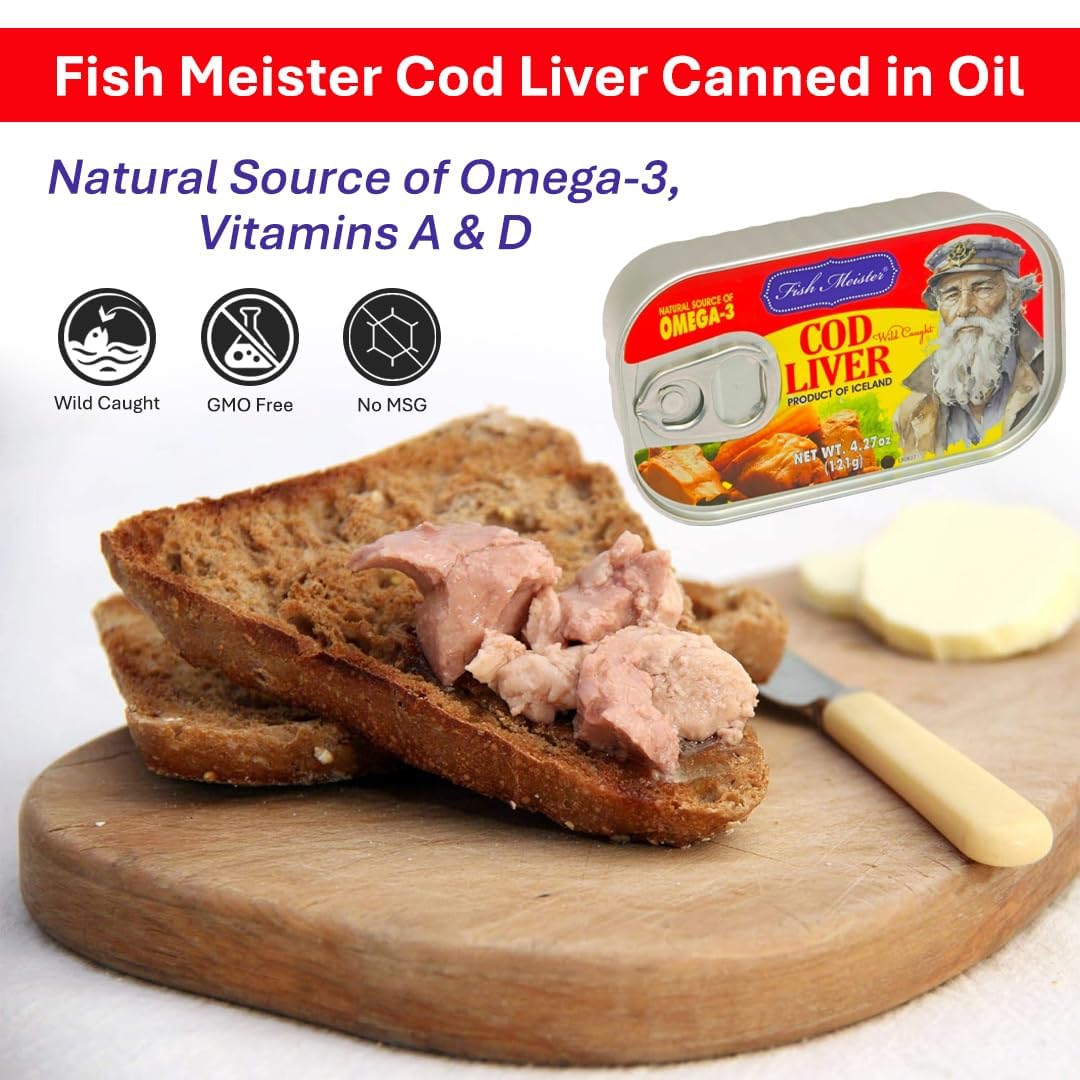 Fish Meister Canned Cod Liver in Oil - Wild Caught, Omega-3, Ideal for Spreads & Gourmet Dishes - 3-Pack