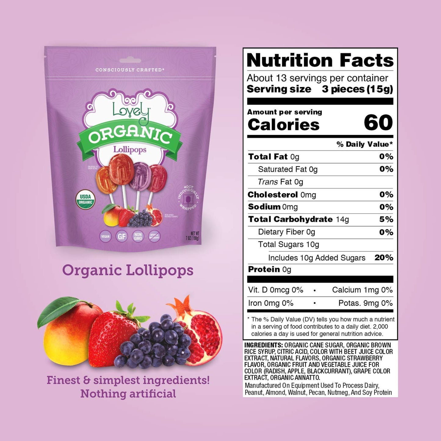 Lovely Candy Co. Organic Lollipops, Individually Wrapped, 7Oz (6-Pack) | Vegan, Gluten-Free, Non-Gmo, No Artificial Colors Or Flavors | Mango, Strawberry, Grape & Pomegranate