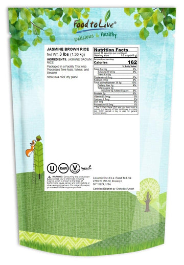 Food To Live Jasmine Brown Rice, 3 Pounds - Whole-Grain And Long-Grain Thai Rice, Vegan, Kosher, Bulk. Higher In Fiber Than Whit