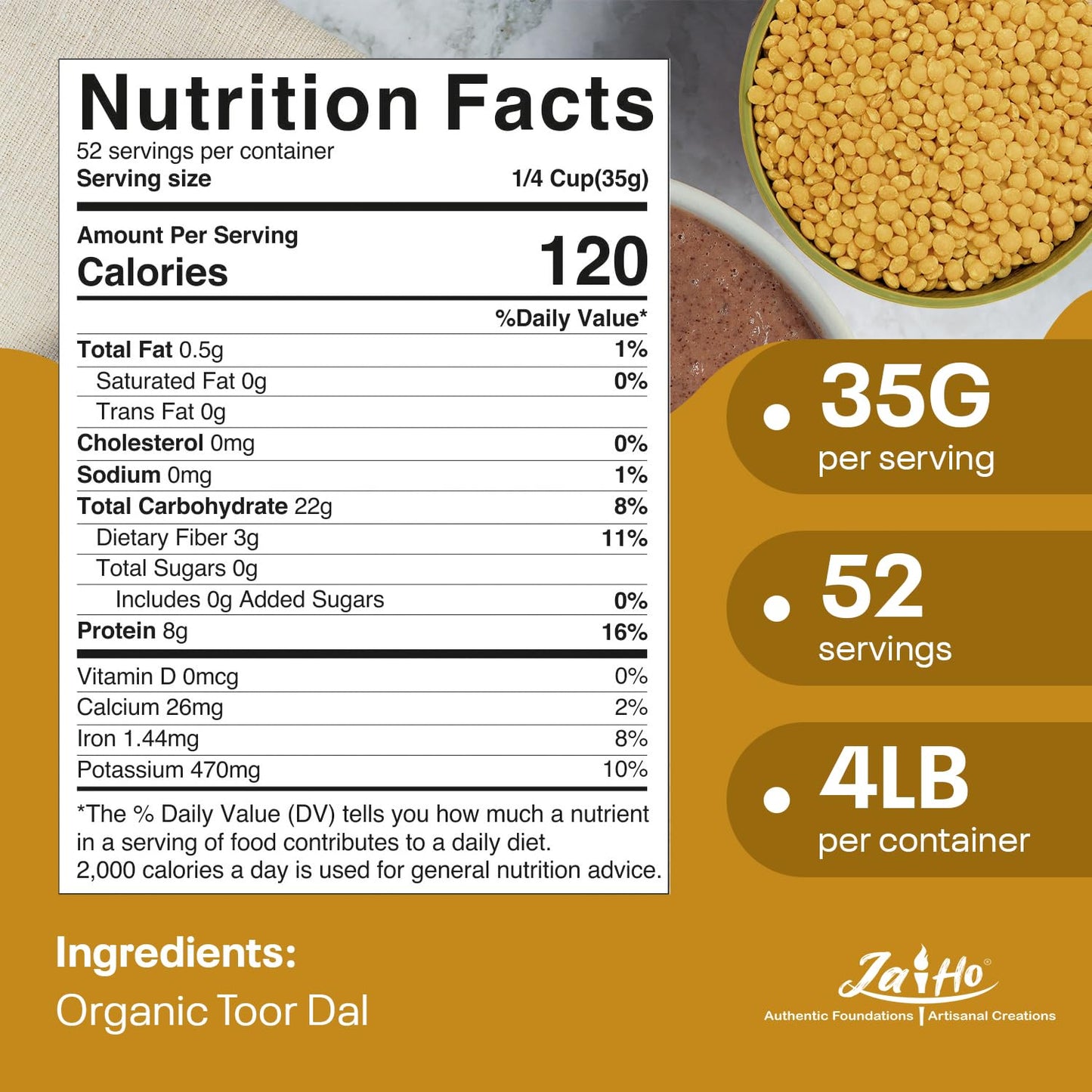 Jai Ho Certified Organic Toor Daal 4 Lb | Pigeon Peas Hulled Split | Indian Toor Daal | Usda Organic | Non-Gmo | Chemical-Free |