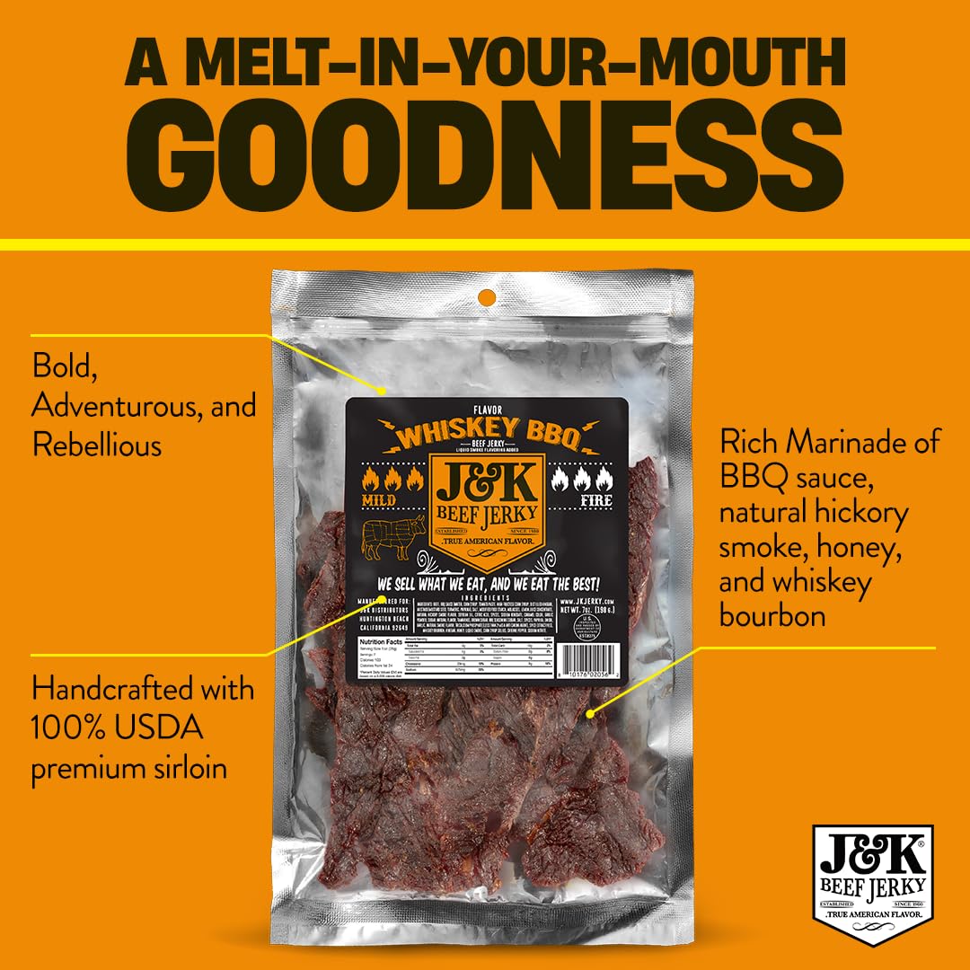 J&K Beef Jerky spirit-inspired flavor BBQ Spicy Beef Jerky - 7oz Big Bag - Small Batch American Made Snack