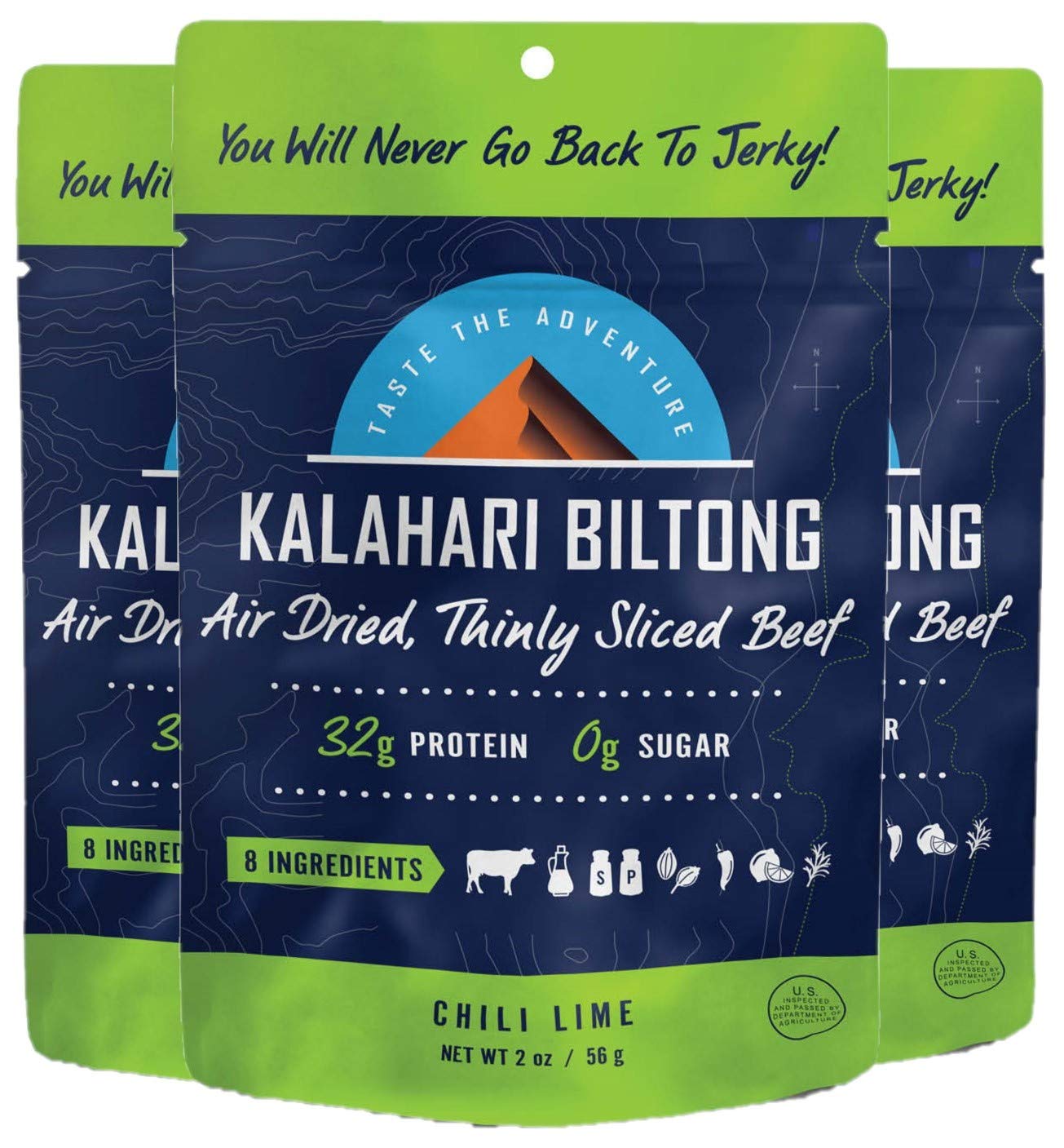 Lime Chili Kalahari Biltong, Air-Dried Thinly Sliced Beef, 2Oz (Pack Of 3), Sugar Free, Gluten Free, Keto & Paleo, High Protein