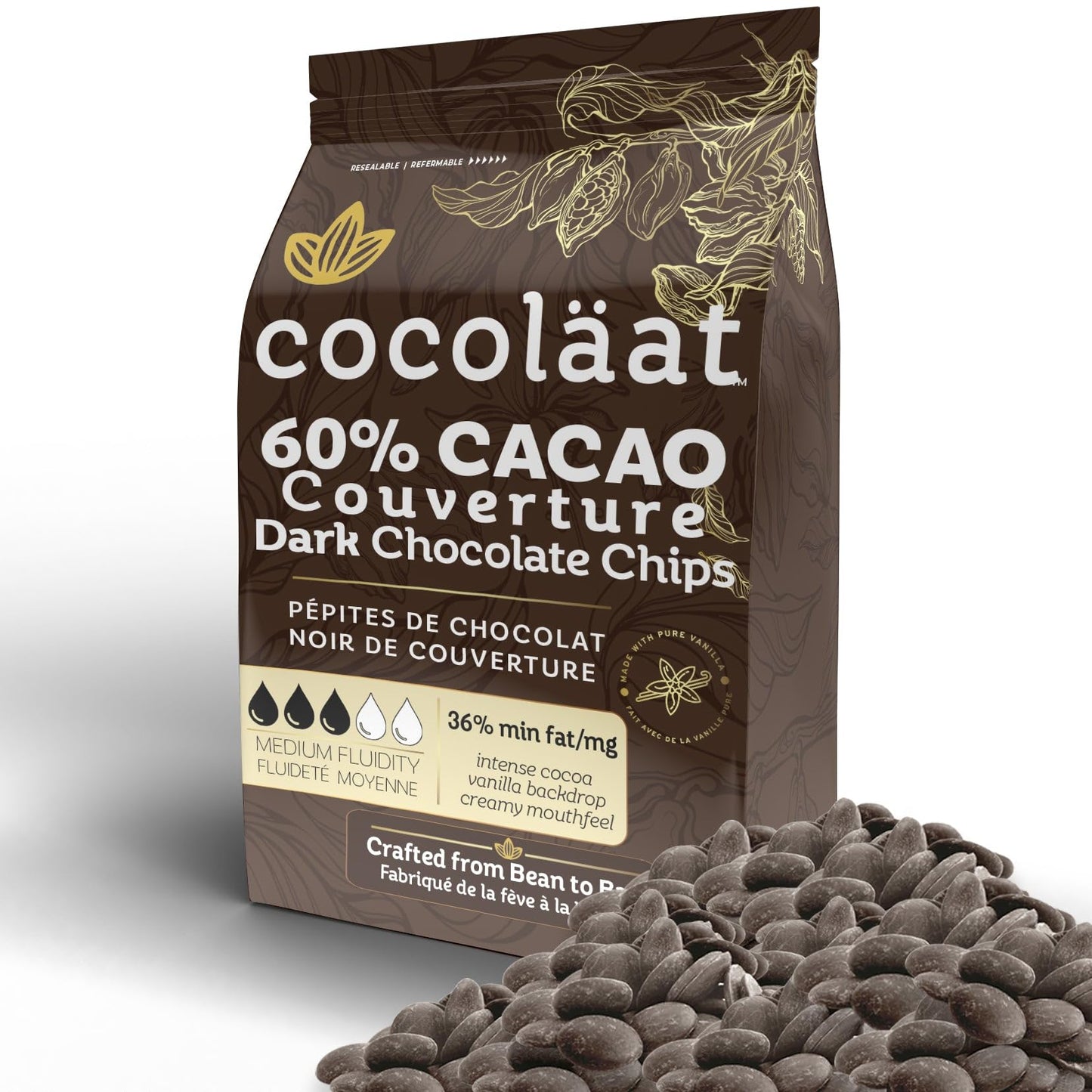 Cocoläat 60% Dark Couverture Chocolate Chips, Culinary Grade, 12 oz, Dark Brown, Resealable Pouch
