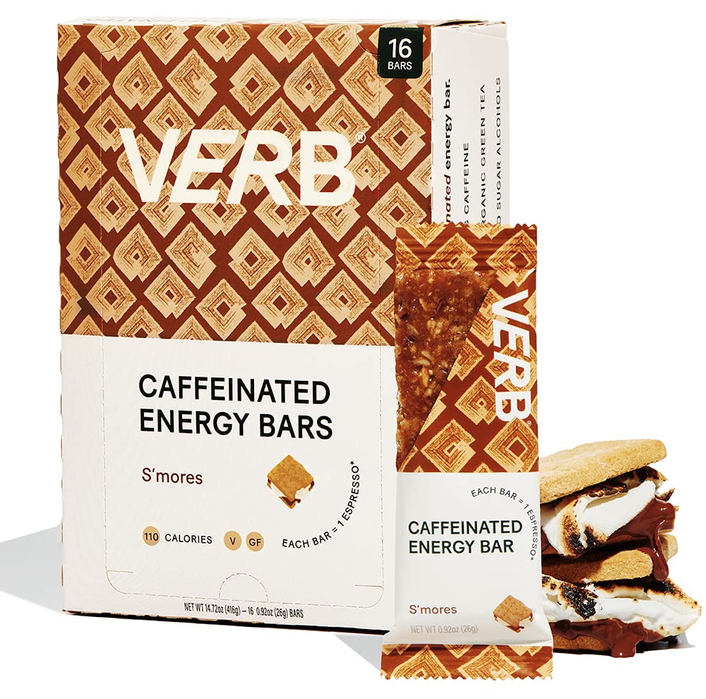 Verb Caffeinated Energy Bars Smores (26G, Pack Of 16) 110-Calorie Delicious Low Sugar Energy Bar - Vegan Gluten Free On-The Go Snack With 80Mg Green Tea Caffeine, Only Real-Food Ingredients