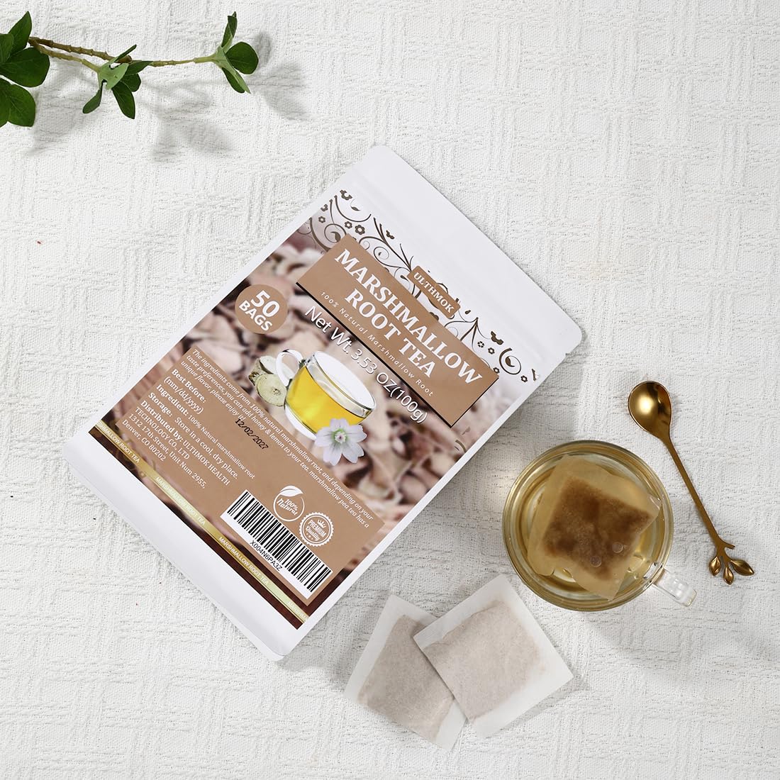 50 enhanced Marshmallow Root Tea Bag 100% Natural Pure Althaea Officinalis No Additives & Caffeine Free  Caffeine-free - Respiratory Support & Promote Digestion.