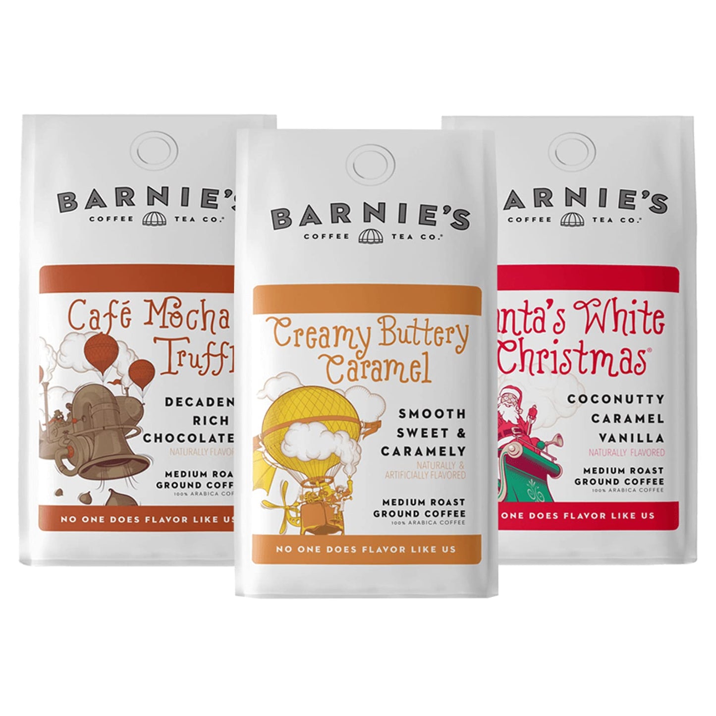 Barnies Premium Flavor Coffee Trio - Santas White Christmas, Caramel, Café Mocha - Medium Roast - 12 oz Bag (Pack of 3)