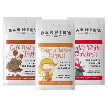 Barnies Premium Flavor Coffee Trio - Santas White Christmas, Caramel, Café Mocha - Medium Roast - 12 oz Bag (Pack of 3)