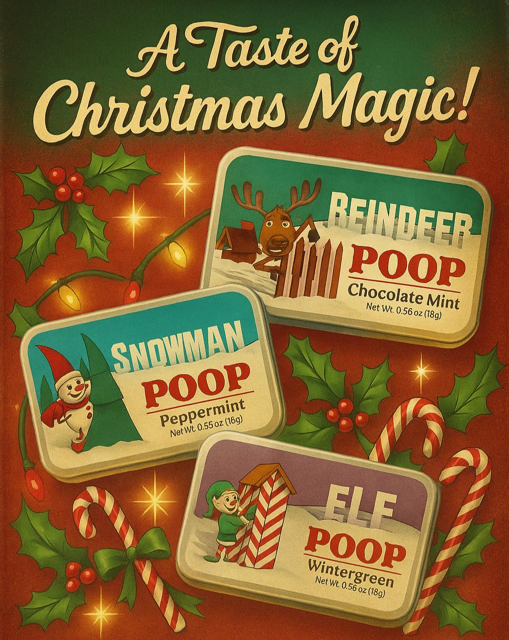 Amusemints Christmas Poop Mints 3 Pack – (3 X .56 Ounce) | Festive Novelty Candy Gifts | Funny Stocking Stuffers | Holiday Party Favors & Collectible Tins |
