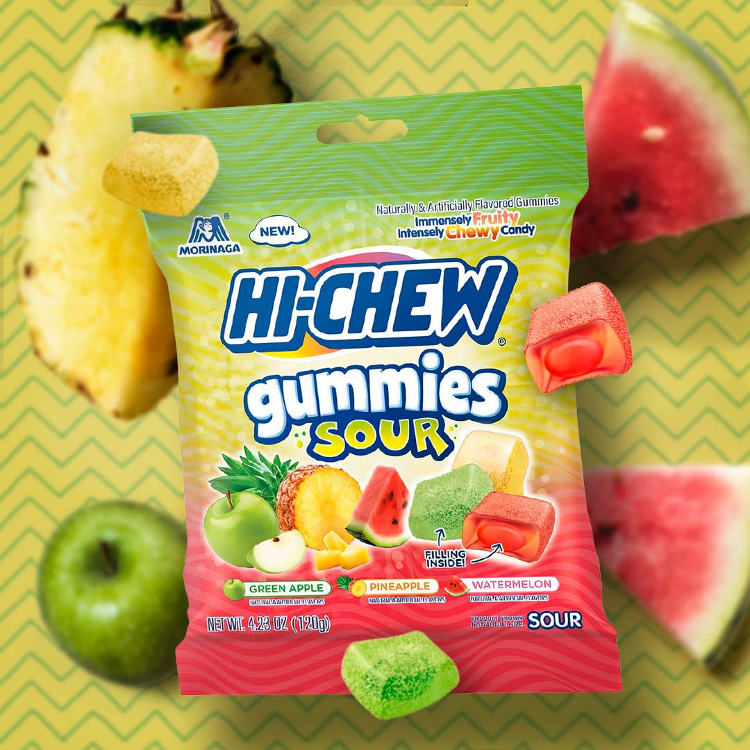 Hi-Chew Gummies Sour Candy Bag Of 9, 4.23 Oz Each, Green Apple Pineapple Watermelon Gummy Candy, Unique Fun Soft & Chewy, Immens
