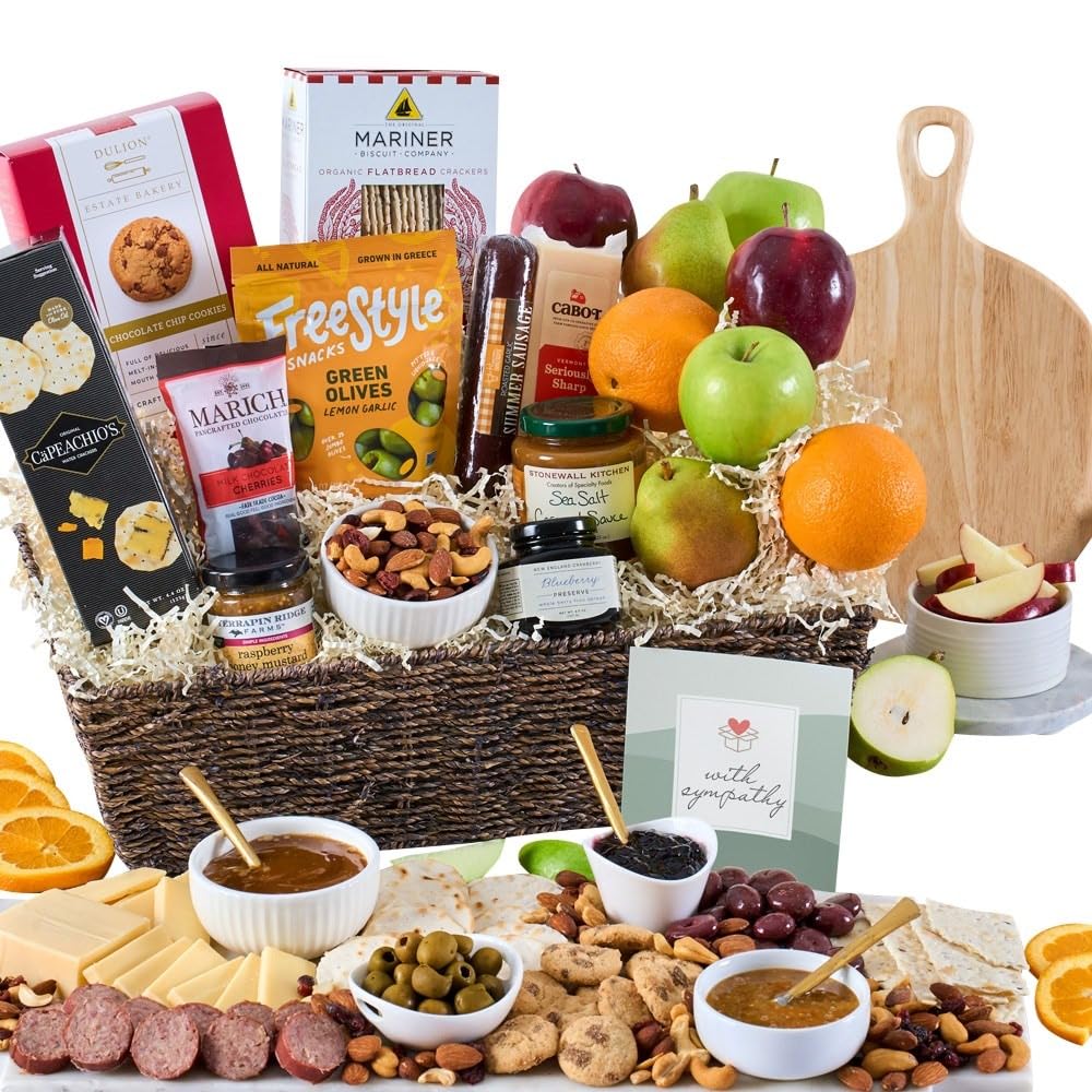 Sympathy Gift Fruit Basket Of Fresh Fruits, Cheese, Meat, Chocolate, Crackers, Olives And Cookies By Gourmetgiftbaskets.Com