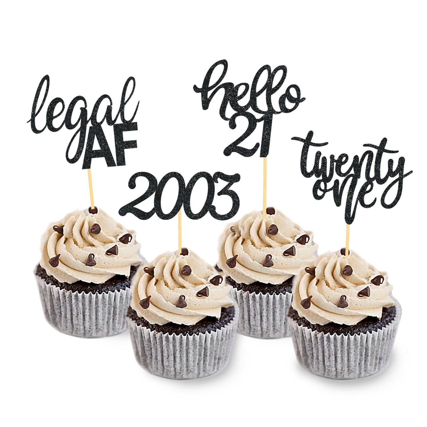 24 Pcs Silver Glitter 21St Birthday Cupcake Toppers For Celebrating Twenty-One Years Old Birthday Party Decorations