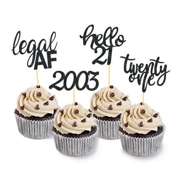 24 Pcs Silver Glitter 21St Birthday Cupcake Toppers For Celebrating Twenty-One Years Old Birthday Party Decorations