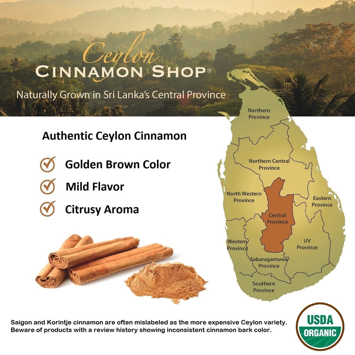 Ceylon Cinnamon Shop Organic Ceylon Cinnamon Powder, 100% Certified, 8 Ounce, Premium Quality Spice for Baking and Cooking