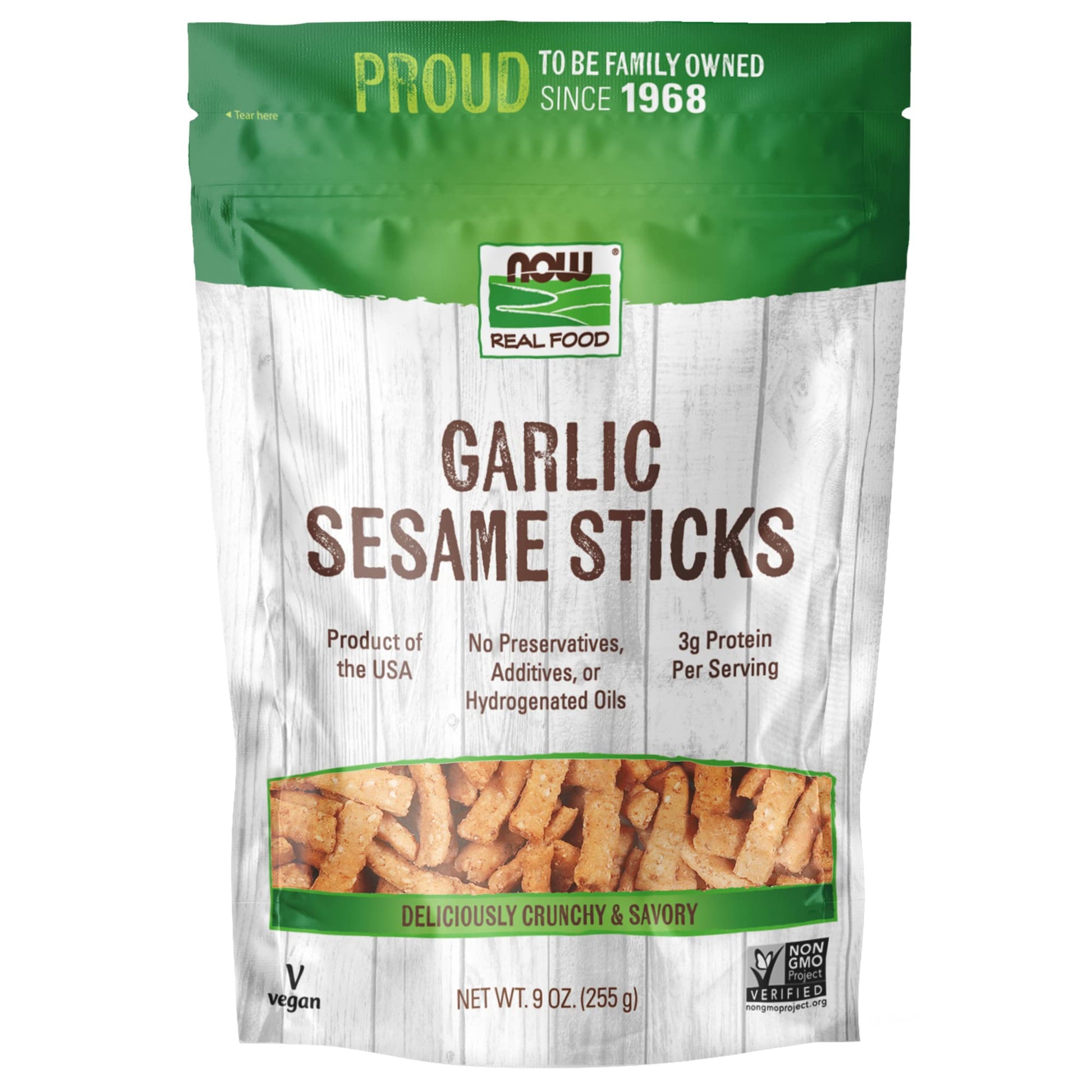 Now Foods, Garlic Sesame Sticks, Product Of The Usa, Certified Non-Gmo, 9-Ounce (Packaging May Vary), Pack Of 15