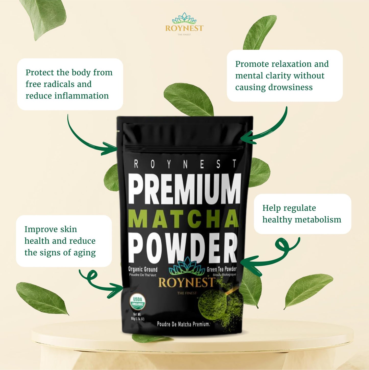 Roynest Japanese Matcha Powder - Non-GMO, Vegan, USDA Certified - 50g (1.76oz) - Green - 30 to 45 servings