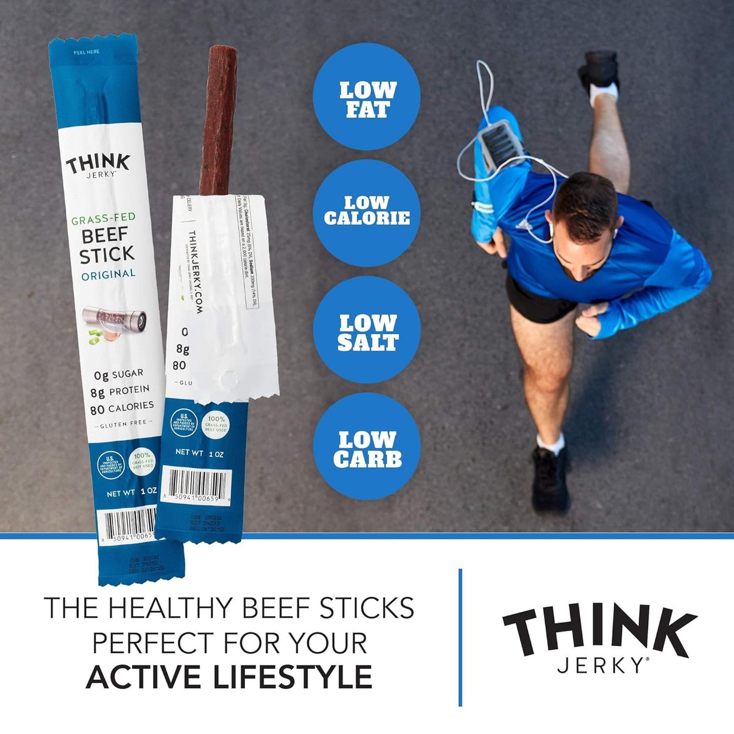 Think Jerky Original Grass-Fed Beef Sticks - Sugar Free, Gluten Free, High Protein, Low Carb, 1 Ounce (Pack of 10)